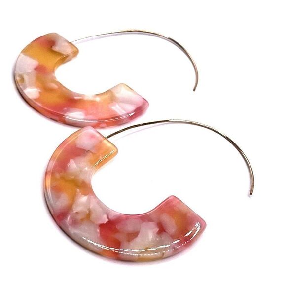 Peach with Orange C Shaped Tortoise Shell Acrylic Yellow Gold Hoop Earrings - Picture 3 of 6